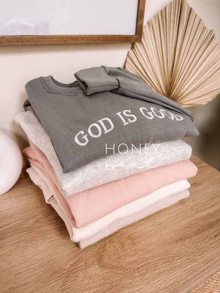 S/Pink Embroidered GOD IS GOOD Sweatshirt: Dusty Pink / Small