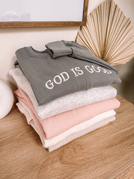 S/Pink Embroidered GOD IS GOOD Sweatshirt: Dusty Pink / Small