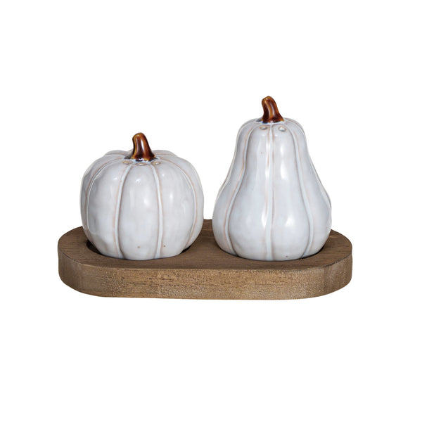 Stoneware Salt & Pepper Shakers w/ Wood Tray, Set of 3 (Each One Will Vary)
