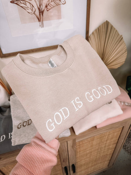 S/Pink Embroidered GOD IS GOOD Sweatshirt: Dusty Pink / Small