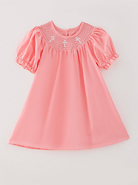 Pink Smocking Embroidered Crucifix Girls Dress