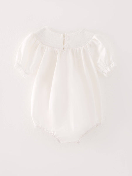 White Smocking Embroidered Crucifix Girls Romper