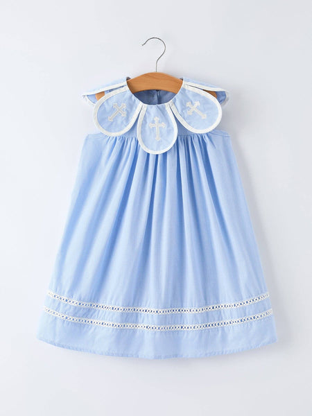 Blue Petal Peter Pan Collar Bishop Christening Girls Dress