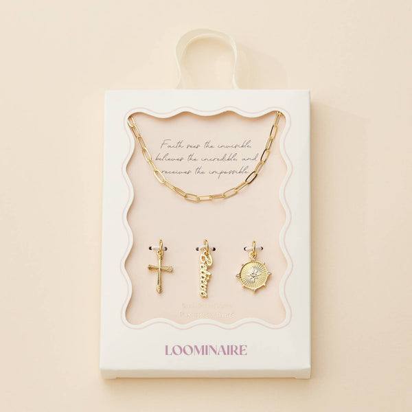 Cross, Believe, and Compass Gold Dipped 18K Charms Necklace