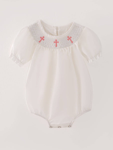 White Smocking Embroidered Crucifix Girls Romper