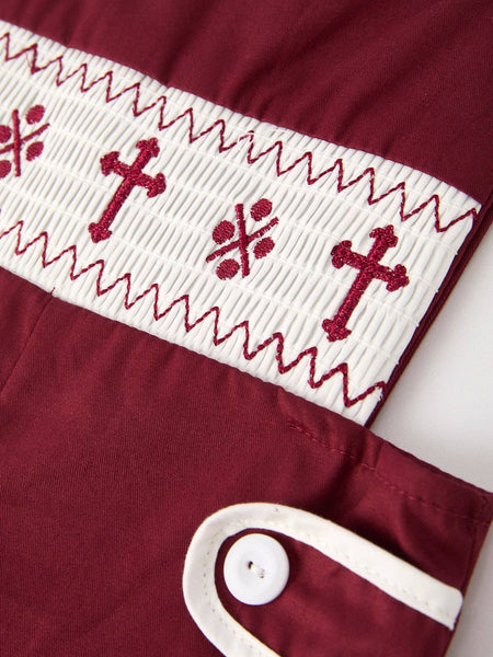 Dark Red Smocked Church Christ Bishop Christening Boys' Romper: 3M