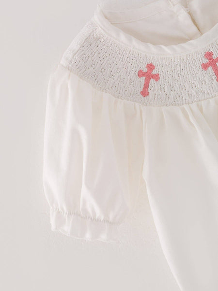 White Smocking Embroidered Crucifix Girls Romper