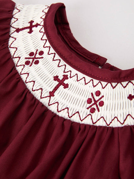 Dark Red Smocked Church Christ Bishop Christening  Girls Romper