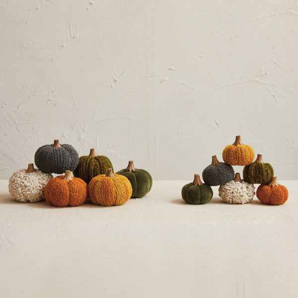 Cotton Blend Bouclé or Velvet Pumpkin with Wood Stem, 6 Styles (Small)