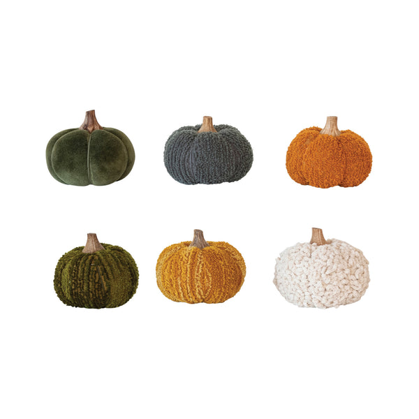 Cotton Blend Bouclé or Velvet Pumpkin with Wood Stem, 6 Styles (Small)