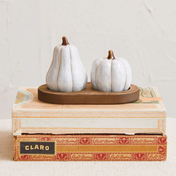 Stoneware Salt & Pepper Shakers w/ Wood Tray, Set of 3