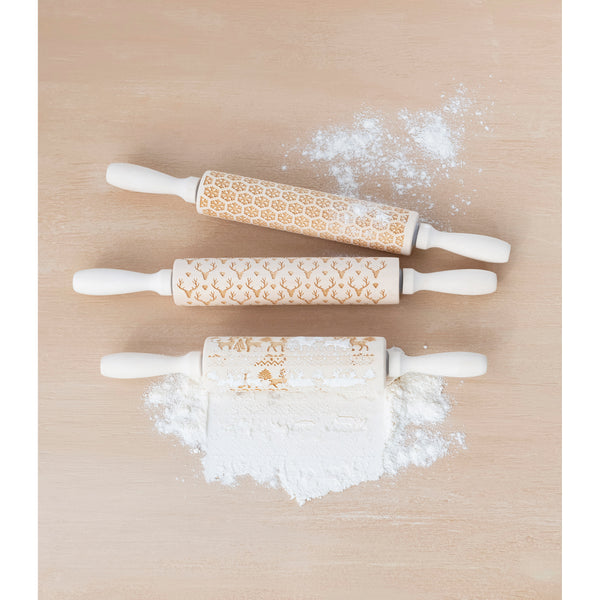 15"L x 2"W Carved Wood Rolling Pin with Pattern, 3 Styles