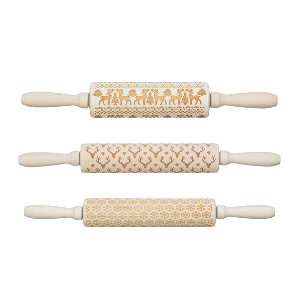 15"L x 2"W Carved Wood Rolling Pin with Pattern, 3 Styles
