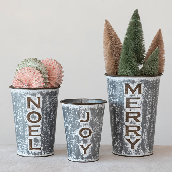 Galvanized Metal Buckets, Distressed Zinc Finish, 3 Styles