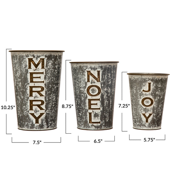 Galvanized Metal Buckets, Distressed Zinc Finish, 3 Styles