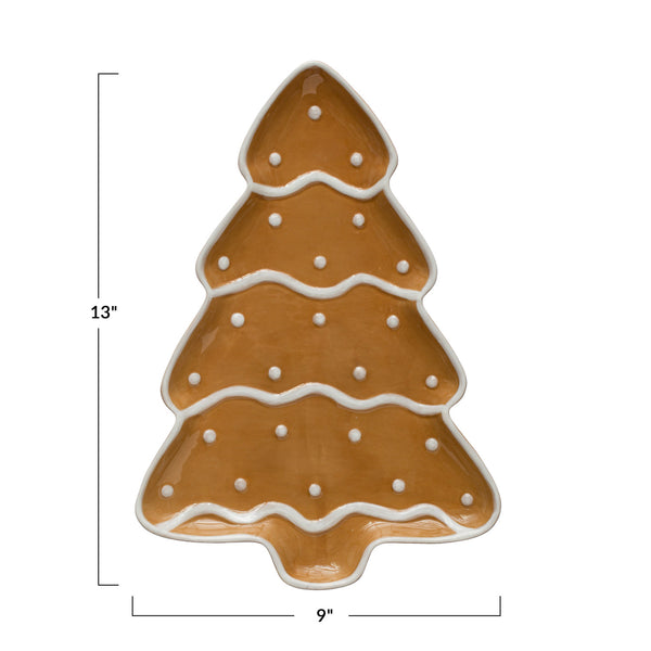 13"L x 9"W Hand-Painted Ceramic Gingerbread Tree Shaped Platter, Brown & White