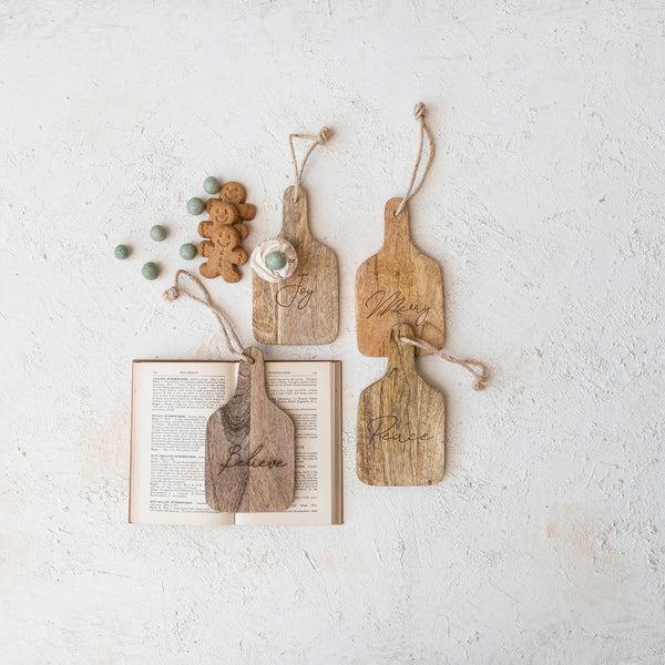 Mango Wood Cheese/Cutting Board w/ Laser Etched Word, Handle & Jute Tie, 4 Styles