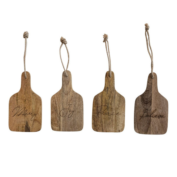 Mango Wood Cheese/Cutting Board w/ Laser Etched Word, Handle & Jute Tie, 4 Styles