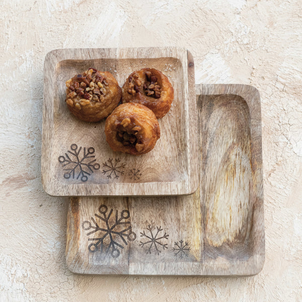 Mango Wood Trays w/ Laser Etched Snowflakes, 2 Sizes