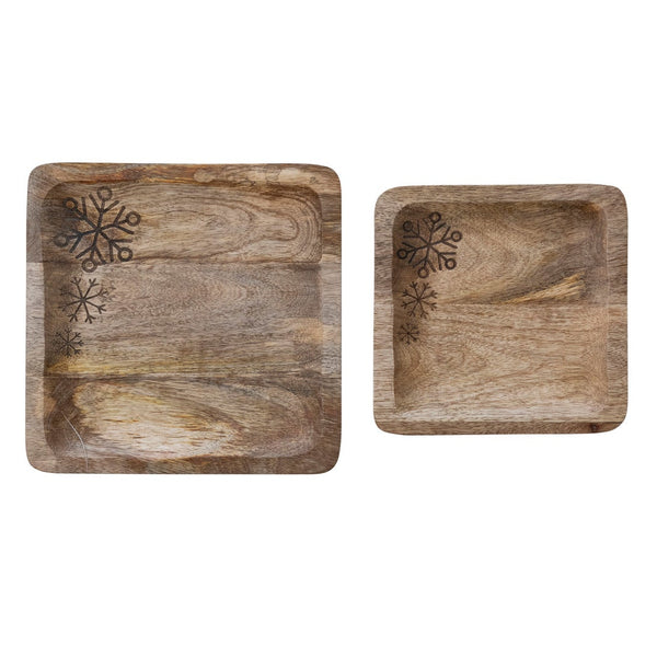 Mango Wood Trays w/ Laser Etched Snowflakes, 2 Sizes