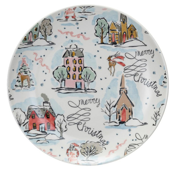 8" Stoneware Plate w/ Holiday Pattern, Houses