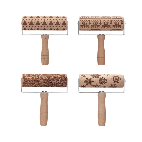 Beech Wood Rolling Pin w/ Handle & Laser Cut Holiday Pattern, Natural, 4 Styles