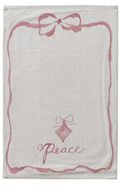 Cotton Printed Tea Towel with Bow, Ornament & Word, 3 Styles