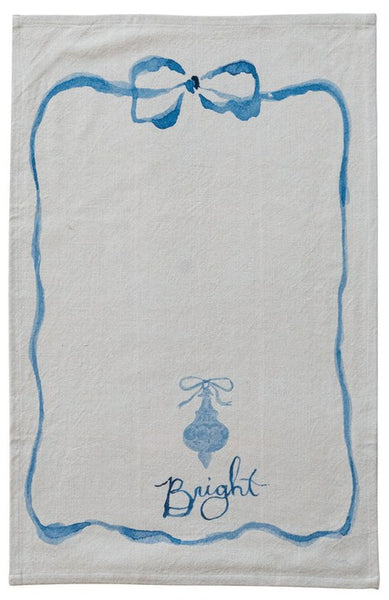 Cotton Printed Tea Towel with Bow, Ornament & Word, 3 Styles