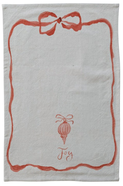 Cotton Printed Tea Towel with Bow, Ornament & Word, 3 Styles