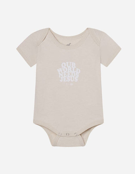 Our World Needs Jesus Beige Onesie