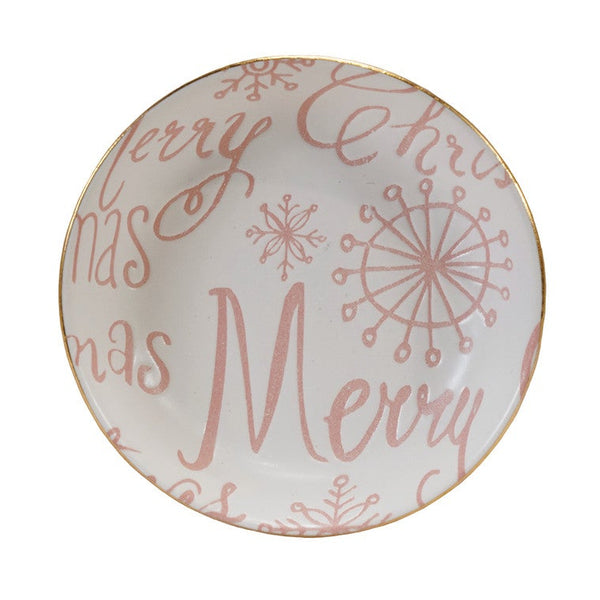 Stoneware Dish with Gold Color Rim "Merry Christmas", Pink & White