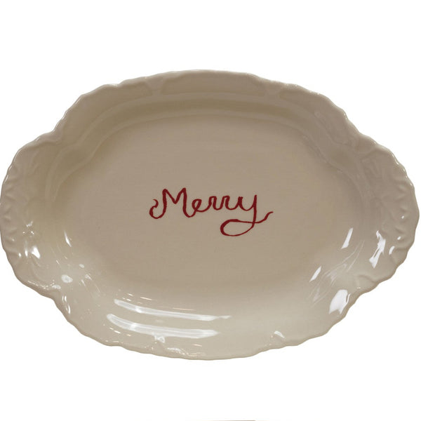 Stoneware Scalloped Platter with Embossed Edge "Merry"