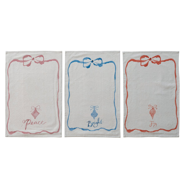 Cotton Printed Tea Towel with Bow, Ornament & Word, 3 Styles